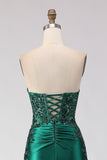 Dark Green Strapless Ruched Sequin Mermaid Prom Dress With Slit