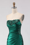 Dark Green Strapless Ruched Sequin Mermaid Prom Dress With Slit