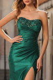 Dark Green Strapless Ruched Mermaid Sequin Prom Dress