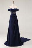 Off The Shoulder Navy A-Line Lace Corset Prom Dress With Drape