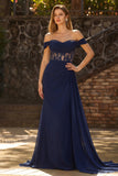 Off The Shoulder Navy Lace Ruched Corset Prom Dress