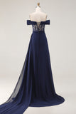 Off The Shoulder Navy A-Line Lace Corset Prom Dress With Drape