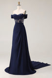 Off The Shoulder Navy A-Line Lace Corset Prom Dress With Drape