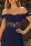 Off The Shoulder Navy Lace Ruched Corset Prom Dress