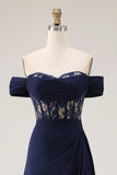 Off The Shoulder Navy A-Line Lace Corset Prom Dress With Drape