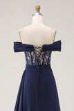 Off The Shoulder Navy A-Line Lace Corset Prom Dress With Drape