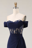 Off The Shoulder Navy A-Line Lace Corset Prom Dress With Drape