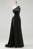 One Shoulder Cut Out Satin Black Tie Dress With Slit