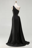One Shoulder Cut Out Satin Black Tie Dress With Slit