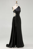 One Shoulder Cut Out Satin Black Tie Dress With Slit