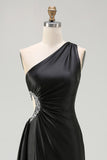 One Shoulder Cut Out Satin Black Tie Dress With Slit