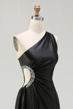 One Shoulder Cut Out Satin Black Tie Dress With Slit
