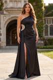 One Shoulder Plus Size Cut Out Mermaid Black Tie Dress