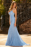 Mermaid Sky Blue Spaghetti Straps Beaded Prom Dress