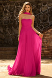 Fuchsia Strapless A-Line Pleated Prom Dress with Streamer