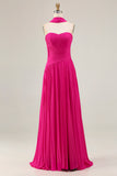 Fuchsia Strapless A-Line Pleated Prom Dress with Streamer