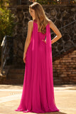 Fuchsia Strapless A-Line Pleated Prom Dress with Streamer