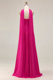 Fuchsia Strapless A-Line Pleated Prom Dress with Streamer