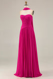 Fuchsia Strapless A-Line Pleated Prom Dress with Streamer