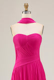 Fuchsia Strapless A-Line Pleated Prom Dress with Streamer