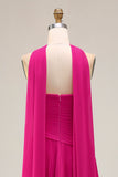 Fuchsia Strapless A-Line Pleated Prom Dress with Streamer