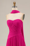 Fuchsia Strapless A-Line Pleated Prom Dress with Streamer