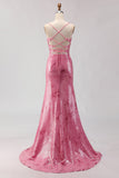 Pink Mermaid Sequin Prom Dress with Lace Up Back