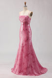 Pink Mermaid Sequin Prom Dress with Lace Up Back