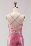 Pink Mermaid Sequin Prom Dress with Lace Up Back