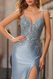 Mermaid Grey Blue Spaghetti Straps Embroidered Prom Dress