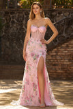 Strapless Pink Floral Corset Sequin Mermaid Prom Dress
