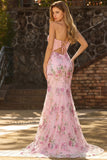 Strapless Pink Floral Corset Sequin Mermaid Prom Dress