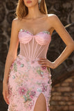 Strapless Pink Floral Corset Sequin Mermaid Prom Dress