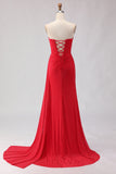 Red Strapless Beaded Mermaid Prom Dress With Slit