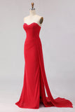 Red Strapless Beaded Mermaid Prom Dress With Slit