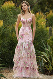 Pink Floral Tiered Mermaid Sequin Prom Dress with Ruffles