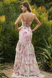 Pink Floral Tiered Mermaid Sequin Prom Dress with Ruffles