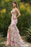 Pink Floral Tiered Mermaid Sequin Prom Dress with Ruffles