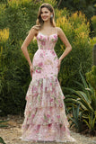 Pink Floral Tiered Mermaid Sequin Prom Dress with Ruffles