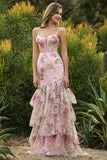 Pink Floral Tiered Mermaid Sequin Prom Dress with Ruffles