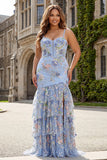 Pink Floral Plus Size Tiered Mermaid Sequin Prom Dress