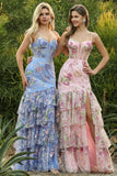 Pink Floral Tiered Mermaid Sequin Prom Dress with Ruffles