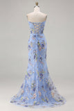 Sparkly Pink Floral Mermaid Strapless Corset Prom Dress