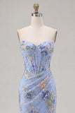 Sparkly Pink Floral Mermaid Strapless Corset Prom Dress