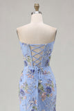 Sparkly Pink Floral Mermaid Strapless Corset Prom Dress