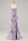 Sparkly Pink Floral Mermaid Strapless Corset Prom Dress
