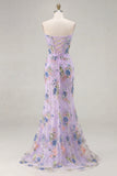 Sparkly Pink Floral Mermaid Strapless Corset Prom Dress