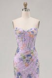 Sparkly Pink Floral Mermaid Strapless Corset Prom Dress