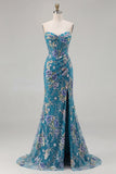 Sparkly Pink Floral Mermaid Strapless Corset Prom Dress