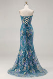 Sparkly Pink Floral Mermaid Strapless Corset Prom Dress